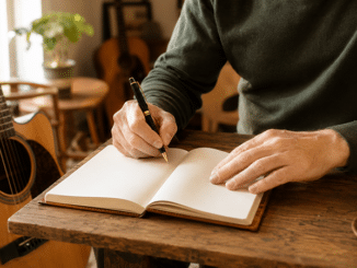 Un élève écrit un témoignage dans un livre d’or, à côté d’une guitare acoustique