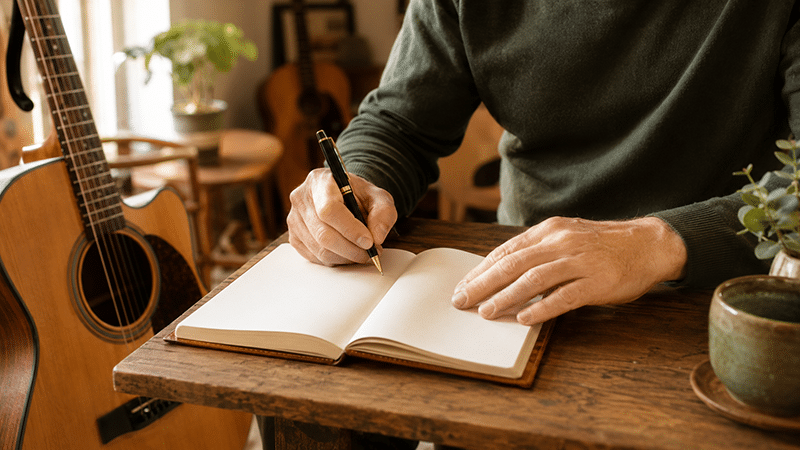 Un élève écrit un témoignage dans un livre d’or, à côté d’une guitare acoustique